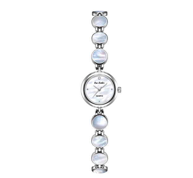 Silver watch bracelet with opalescent oval links and round white dial
