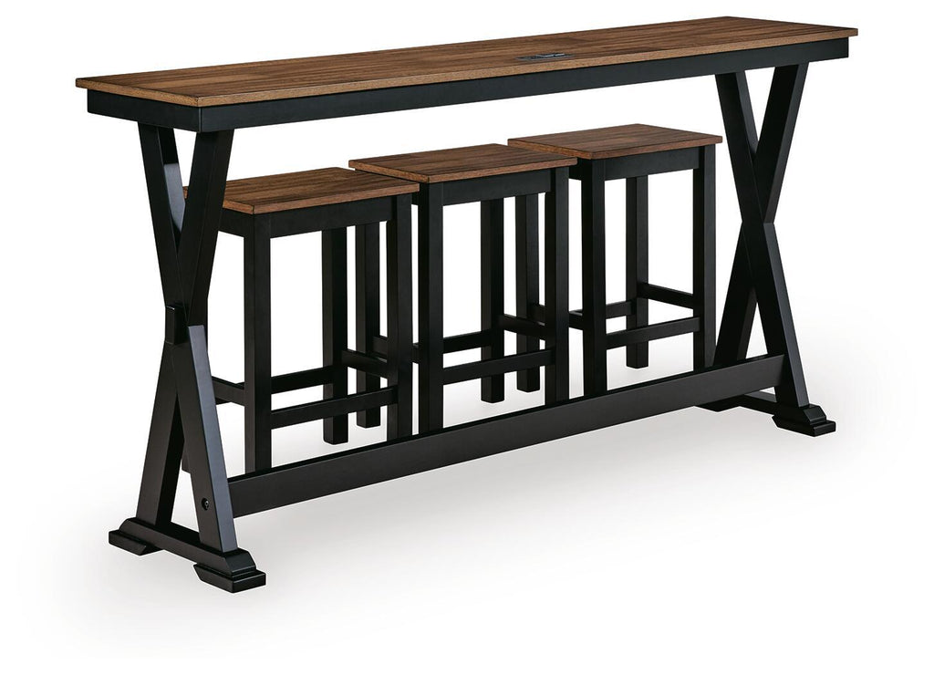 Dining counter table with four brown wood stools and black base supports