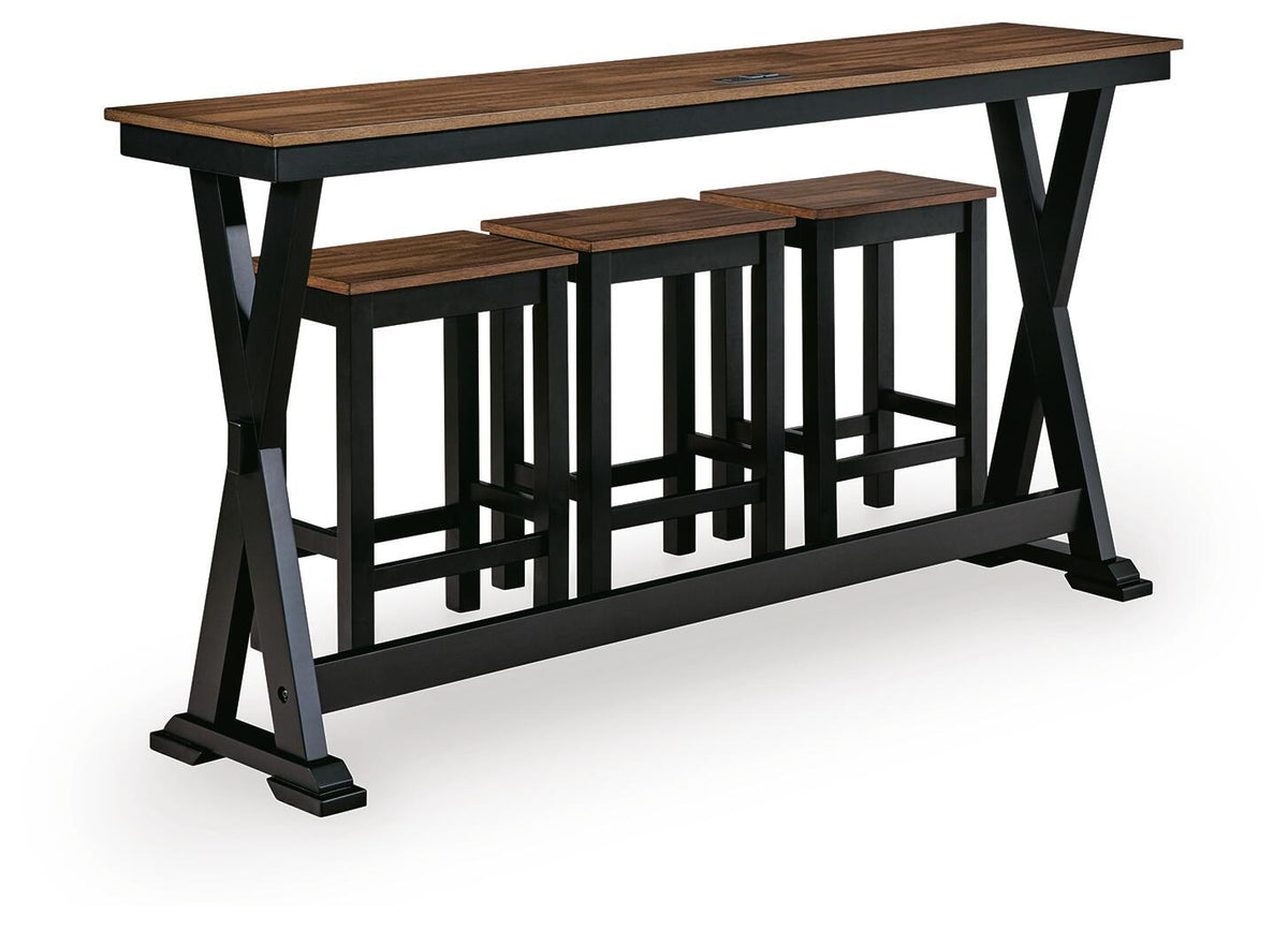 Dining counter table with four brown wood stools and black base supports