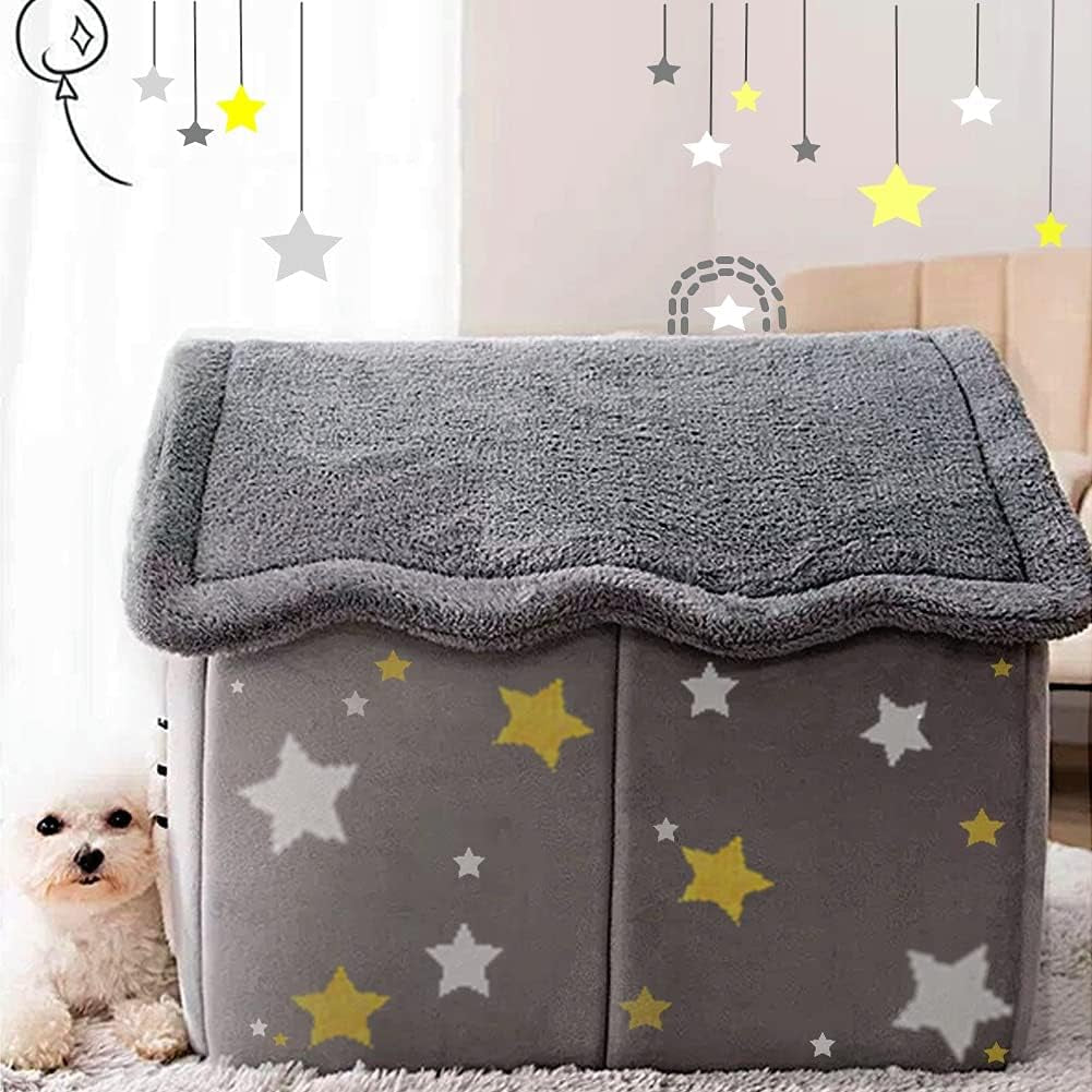 Gray foldable indoor dog house bed with star print, top cushion, and white arched entrance.