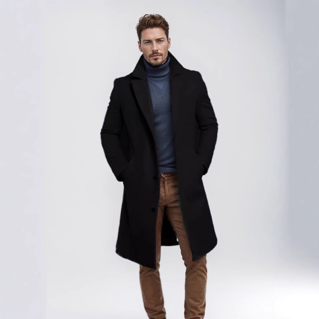 Men's single-breasted long warm coat, black with notch lapels and button front