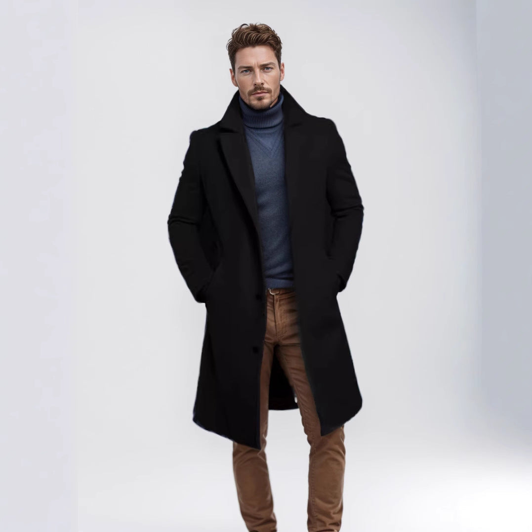 Men's single-breasted long warm coat, black with notch lapels and button front