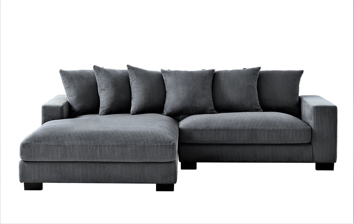 L-shaped sectional sofa with chaise in dark gray, two-seat chaise corner with pillows