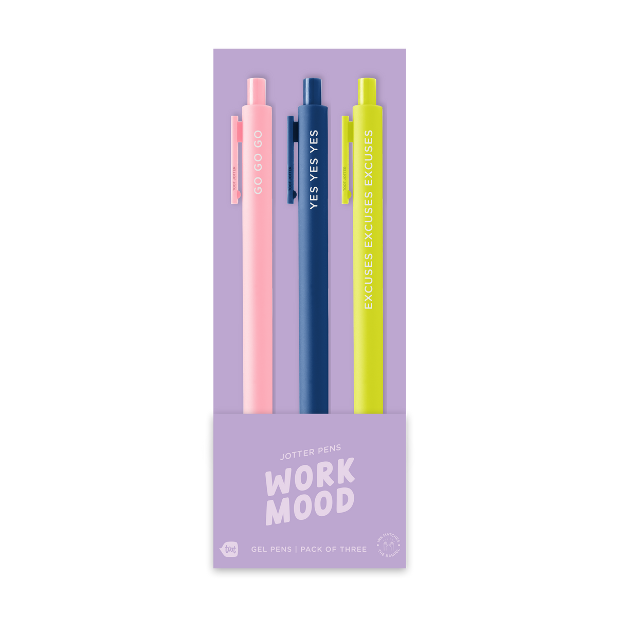 3-pack gel pen set: pale pink, navy, and yellow pens with “WORK MOOD” packaging text.