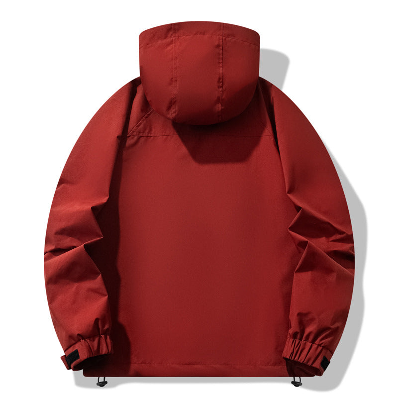 Red outdoor waterproof windproof jacket with hood, long sleeves, and pocket zips
