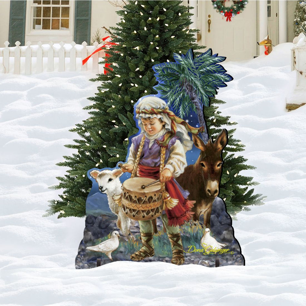 Nativity outdoor decor set: drummer boy figure with donkey, lamb, cow, and palm tree