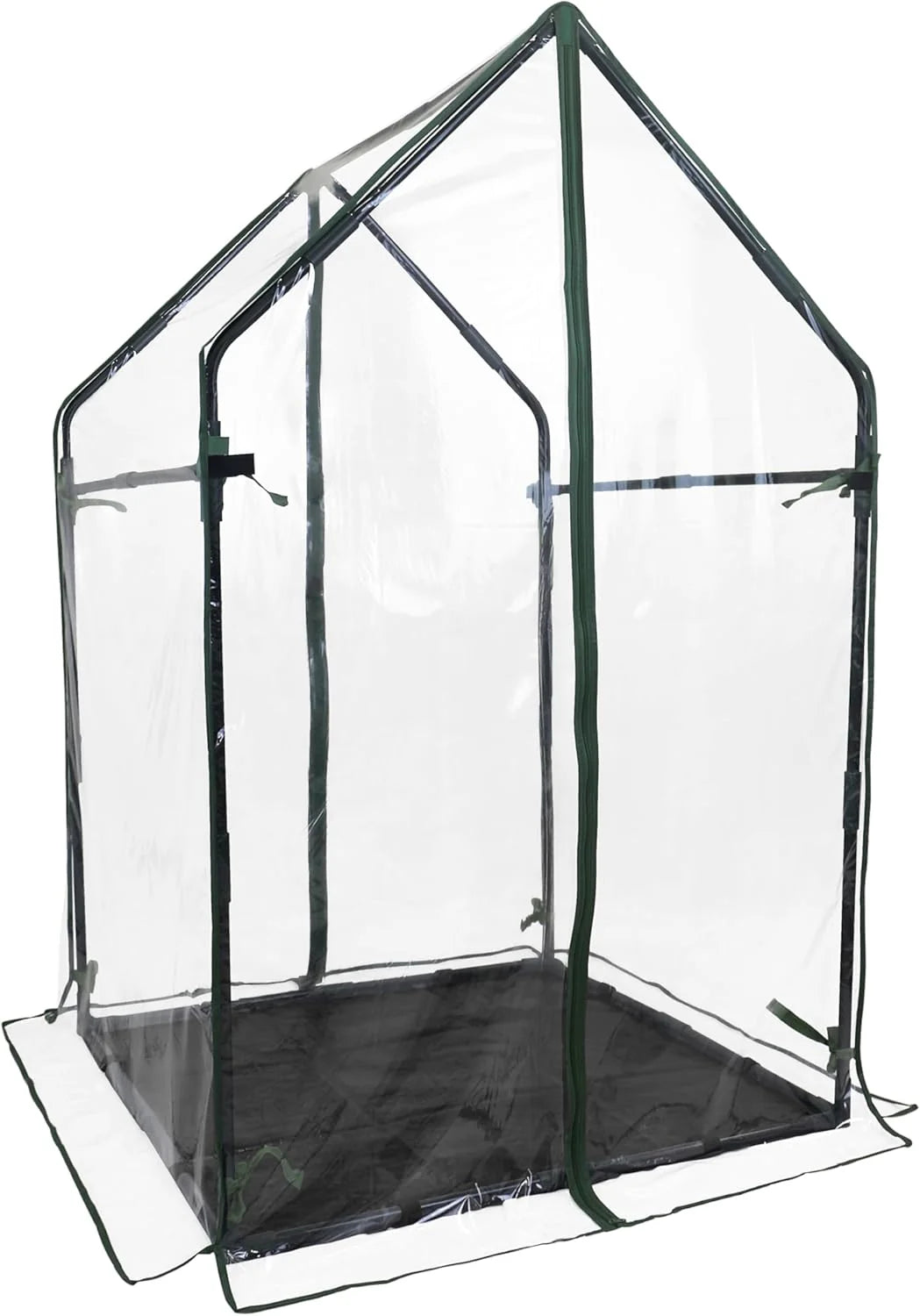 Raised garden bed greenhouse frame with clear panels and dark base skirt