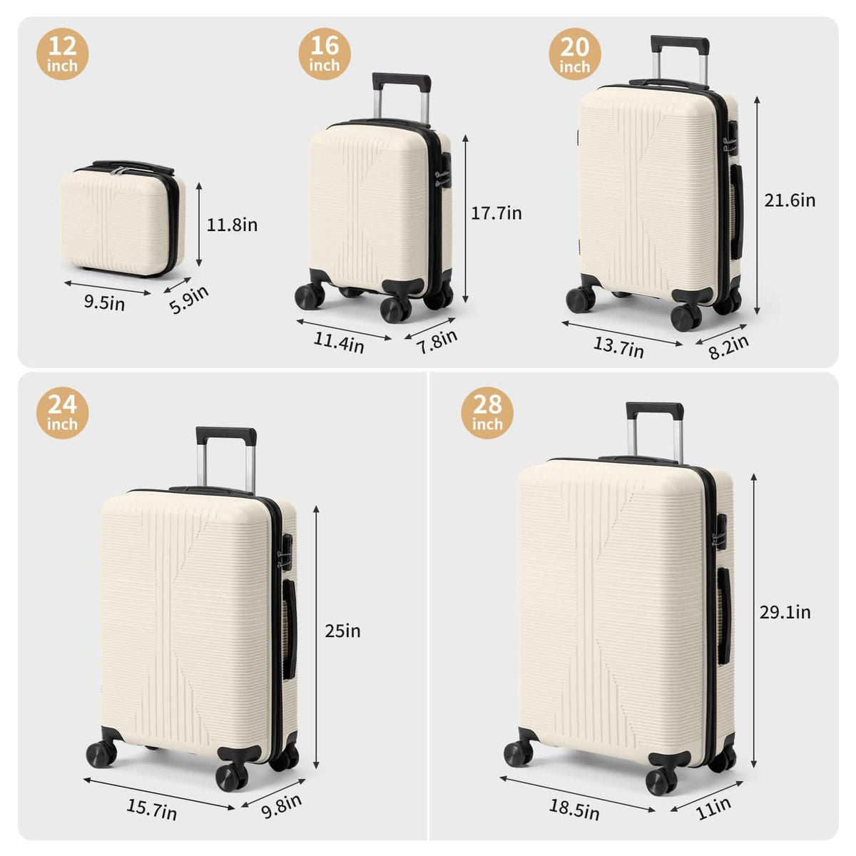 5-piece luggage set size diagram with light-color suitcase views
