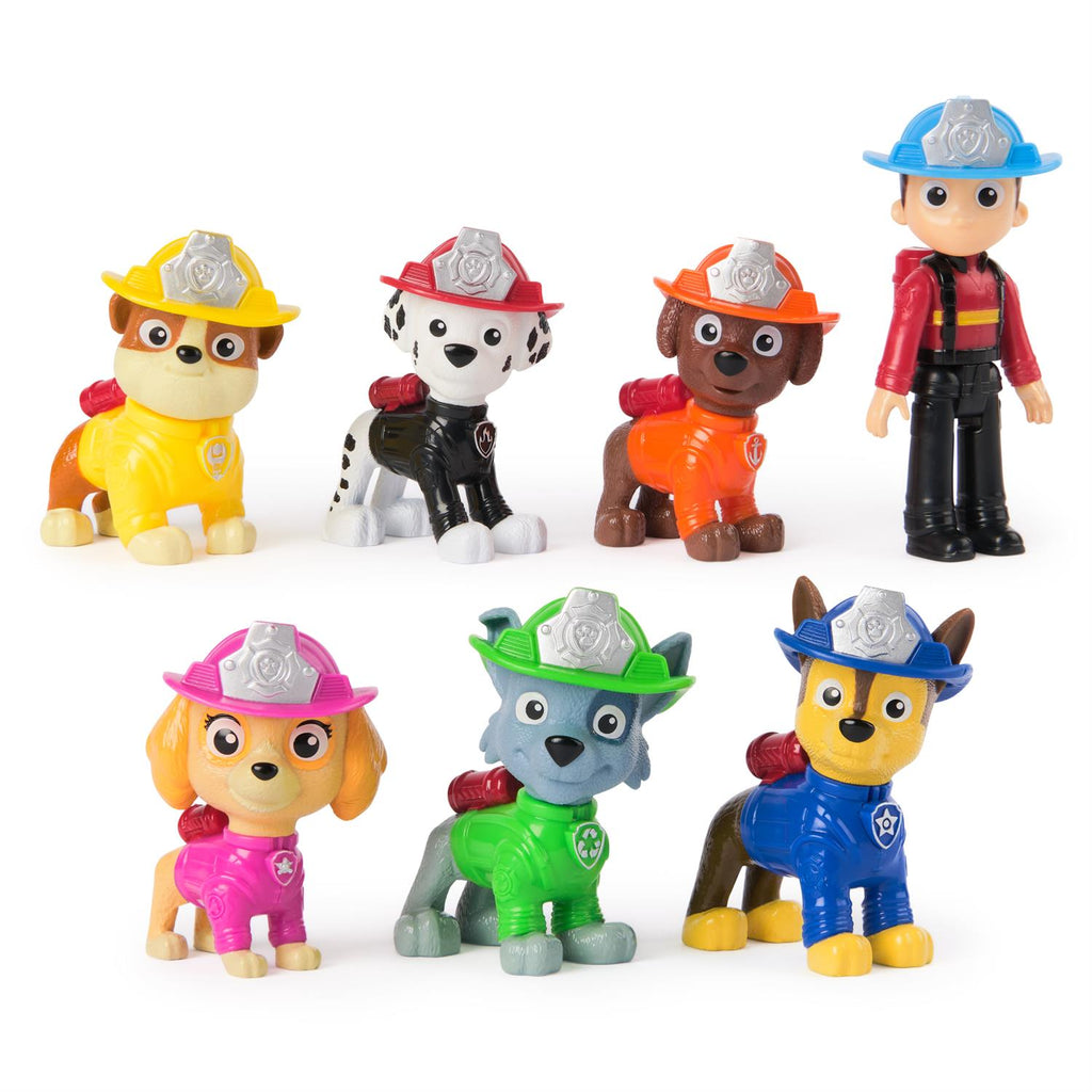 PAW Patrol fire rescue toy pups with helmets, plus rider figure standing