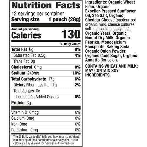 Nutrition Facts and ingredient list panel for Annie's Organic Cheddar Bunnies