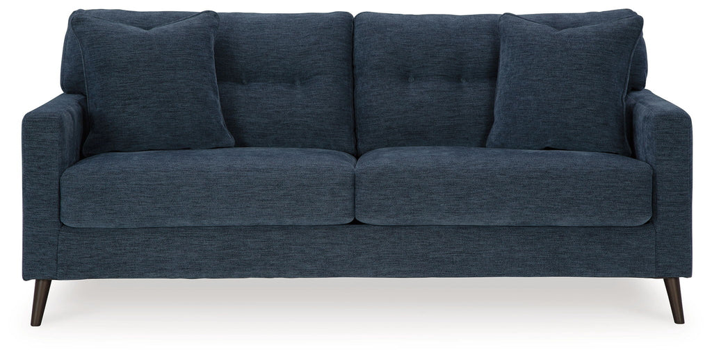 Blue upholstered sofa front view with three back cushions and two seat cushions