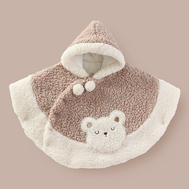 Brown and cream hooded plush cape with bear face applique and button trim