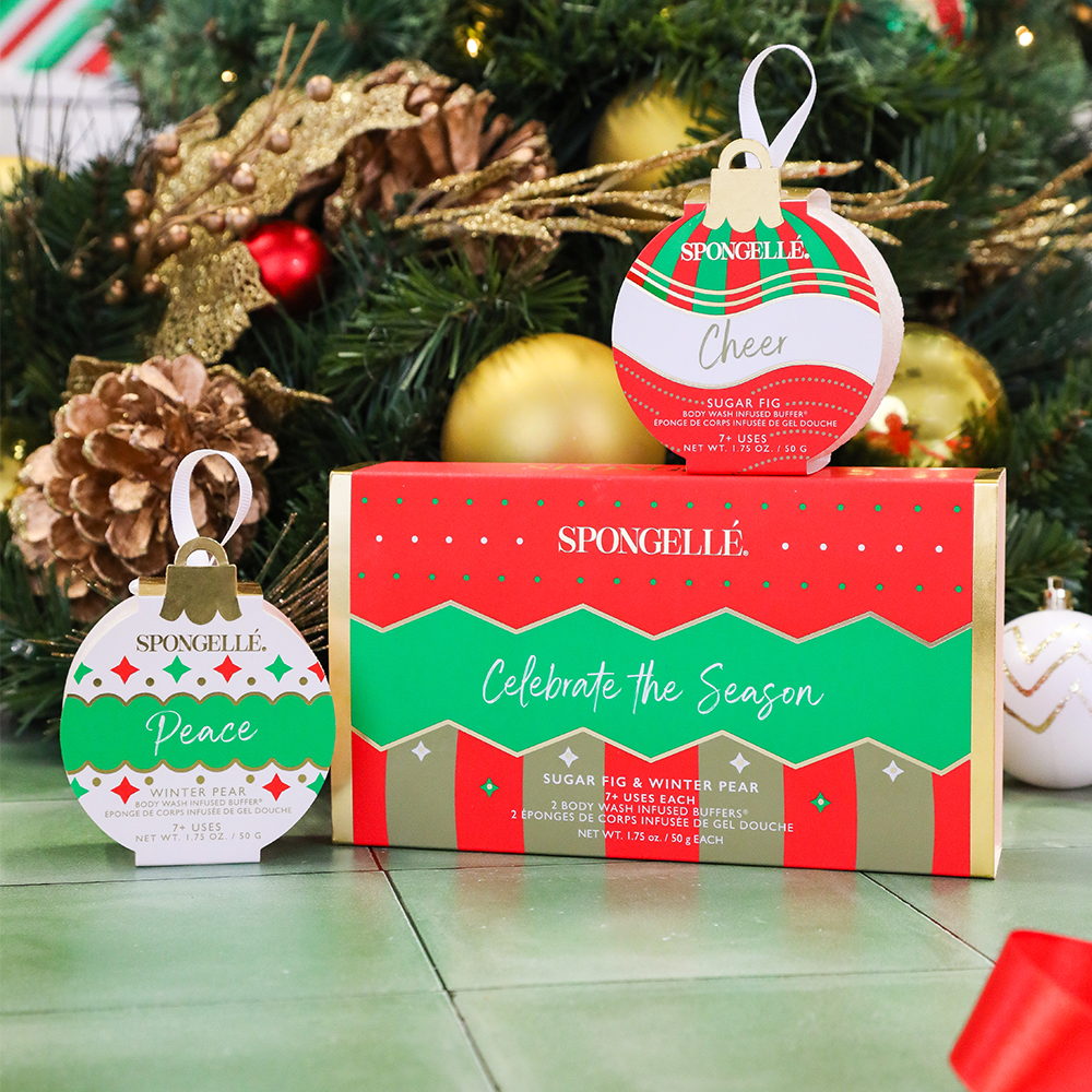 SpongeGel holiday ornament gift set with round Cheer and Peace ornaments and gift box