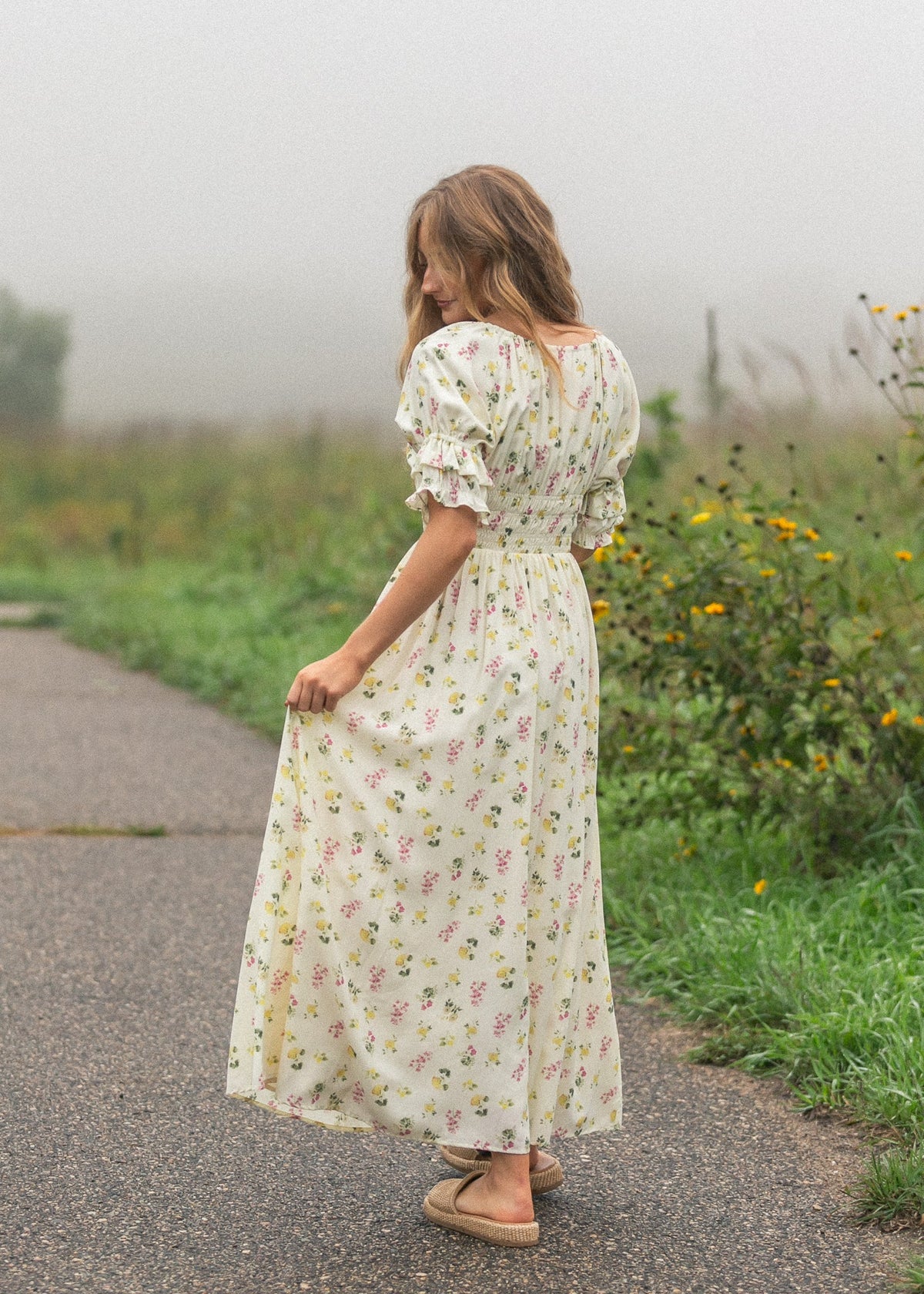 Celine floral puff-sleeve maxi dress, gathered waist, light base with small multicolor blooms
