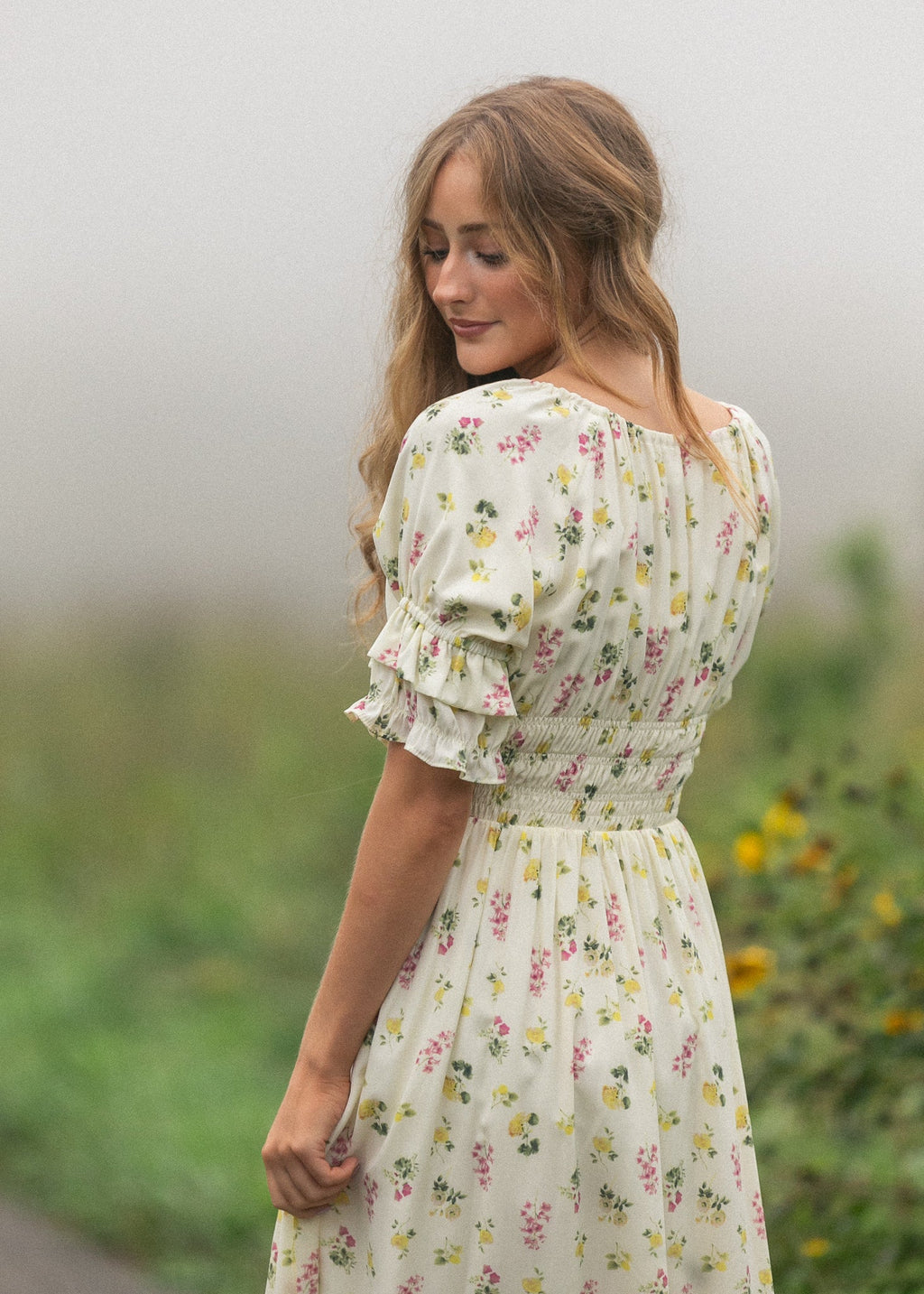 Celine floral puff-sleeve maxi dress with ruffled puff sleeves and elastic waist