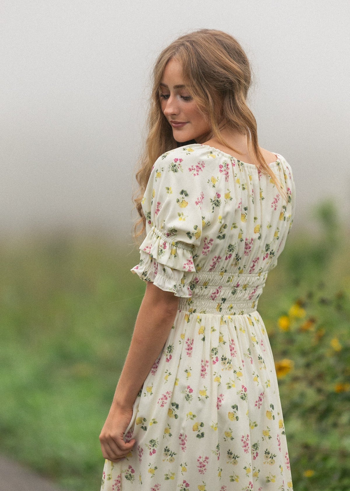 Celine floral puff-sleeve maxi dress with ruffled puff sleeves and elastic waist