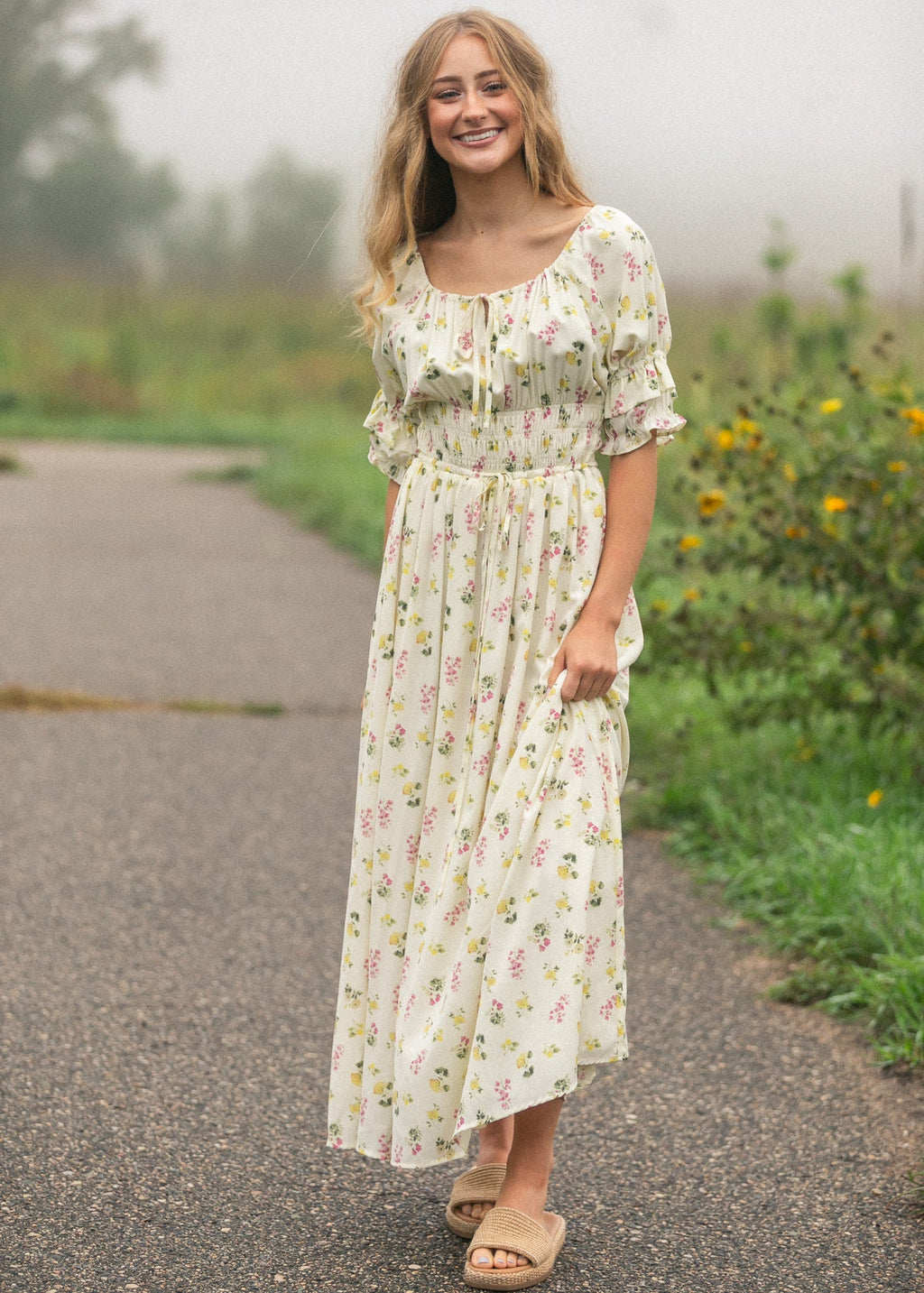 Ivory floral puff-sleeve maxi dress with smocked waist and tiered skirt