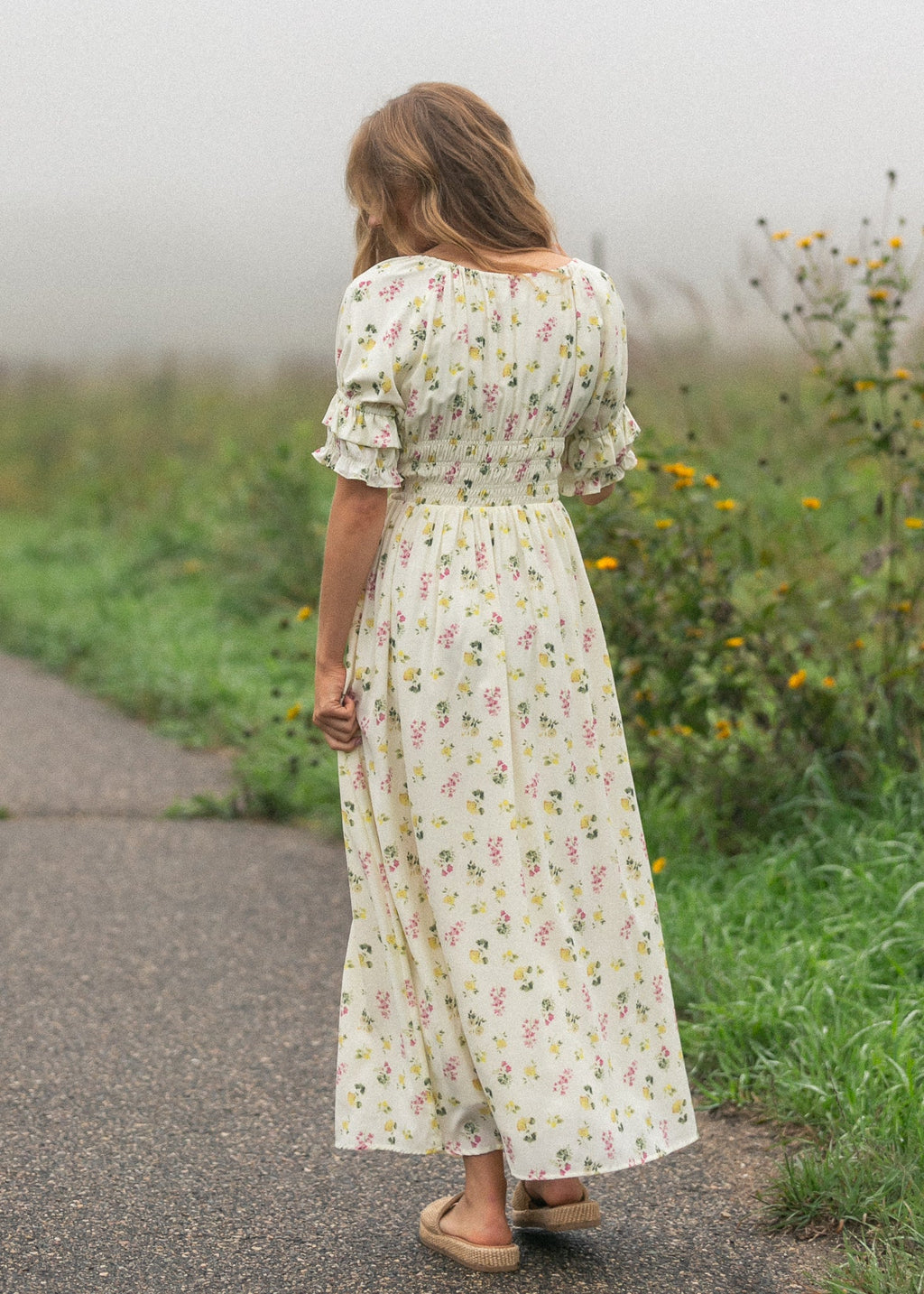 Celine floral puff-sleeve maxi dress, smocked back detail and gathered skirt