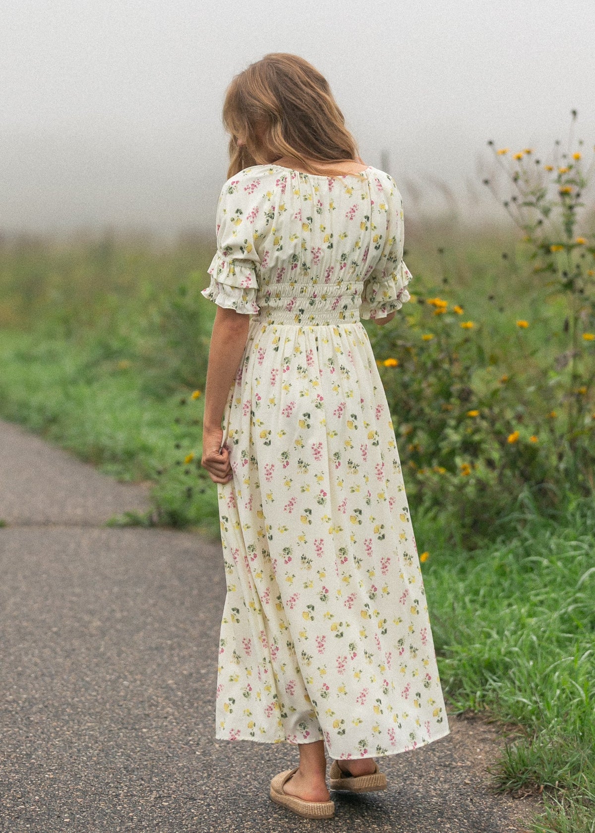 Celine floral puff-sleeve maxi dress, smocked back detail and gathered skirt