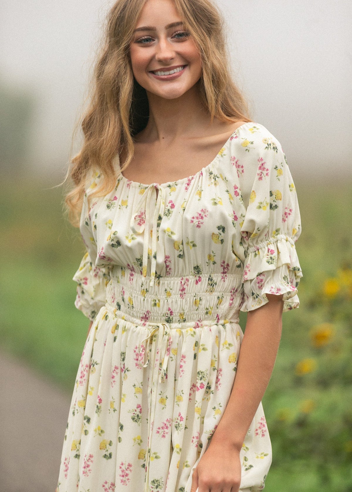 Ivory floral puff-sleeve dress bodice with gathered neckline and elastic waist