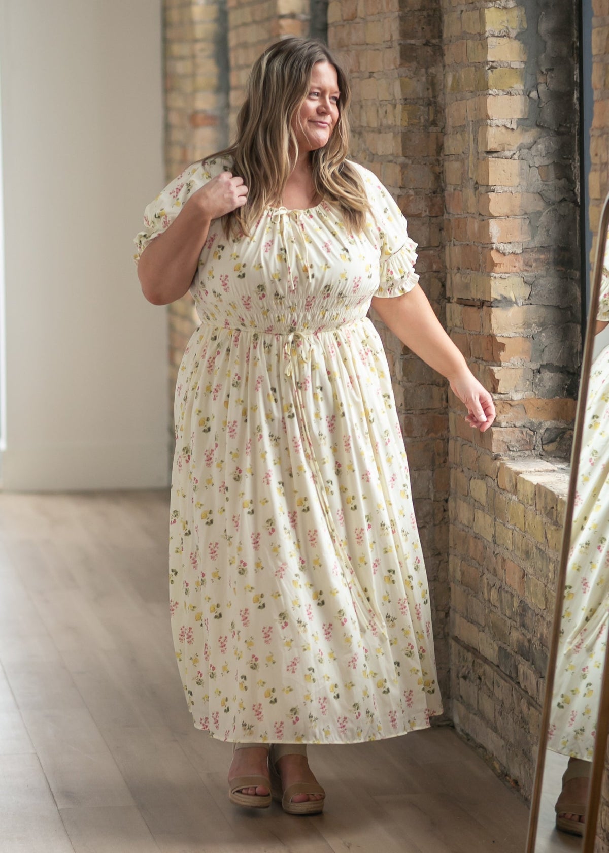 Ivory floral puff-sleeve maxi dress with smocked waist, gathered skirt