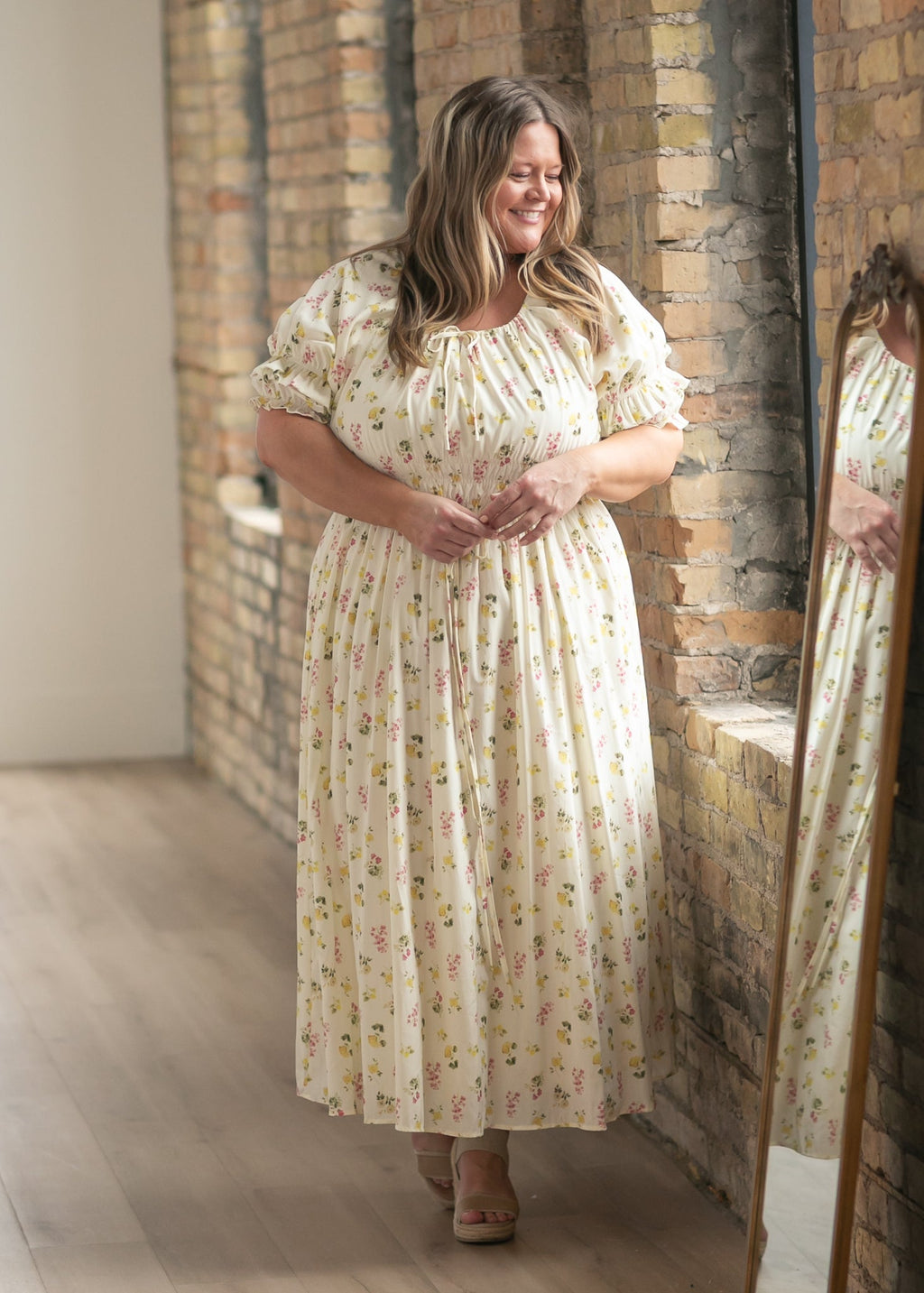 Celine floral puff-sleeve maxi dress with full gathered skirt and elastic waist