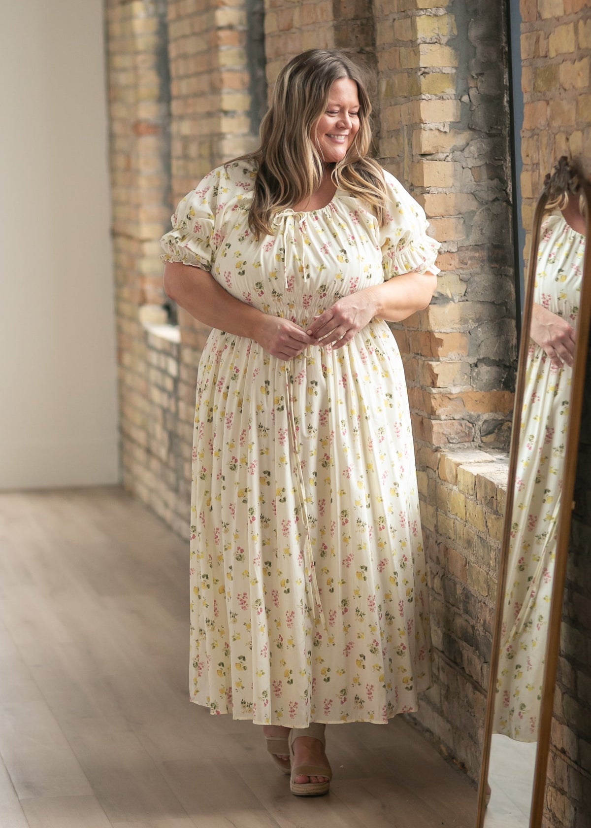Celine floral puff-sleeve maxi dress with full gathered skirt and elastic waist