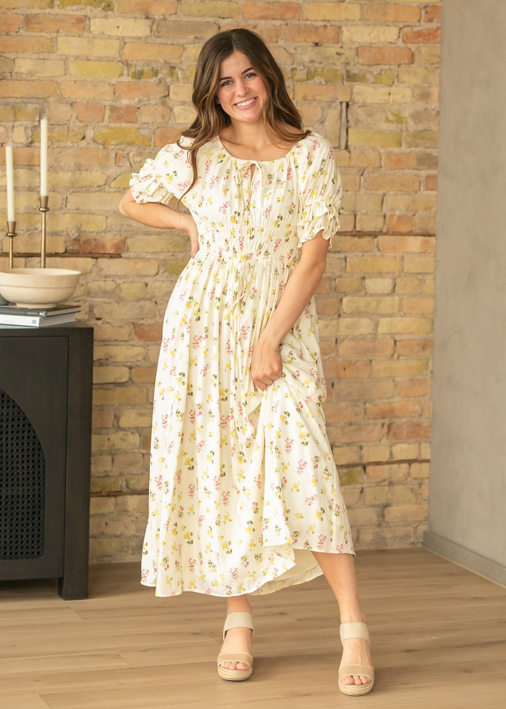 Ivory floral puff-sleeve maxi dress with elastic waist and tiered skirt