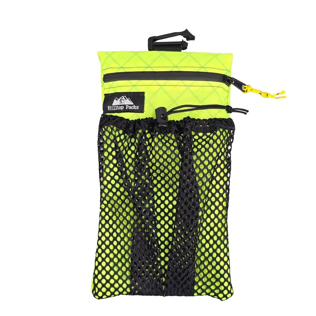 Neon yellow cell phone pouch with zipper and black mesh front, strap loop