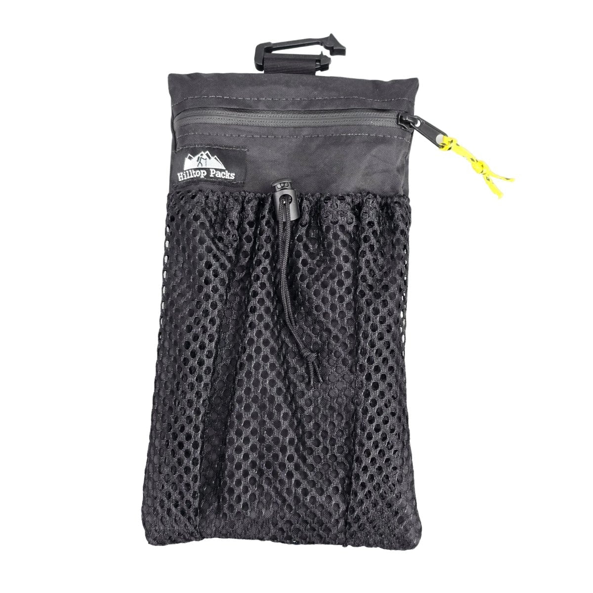Black cell phone pouch with zipper, mesh front panel, and strap loop