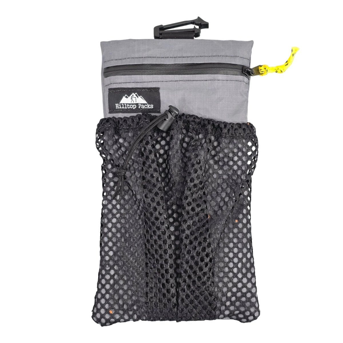 Gray cell phone pouch with zipper and black mesh front, strap loop