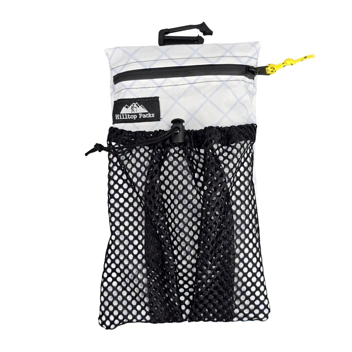 White cell phone pouch with zipper, black mesh pocket, and strap loop