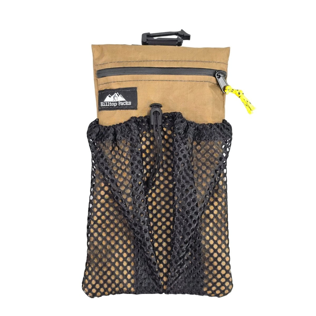 Brown cell phone pouch with zipper, black mesh front, and strap loop