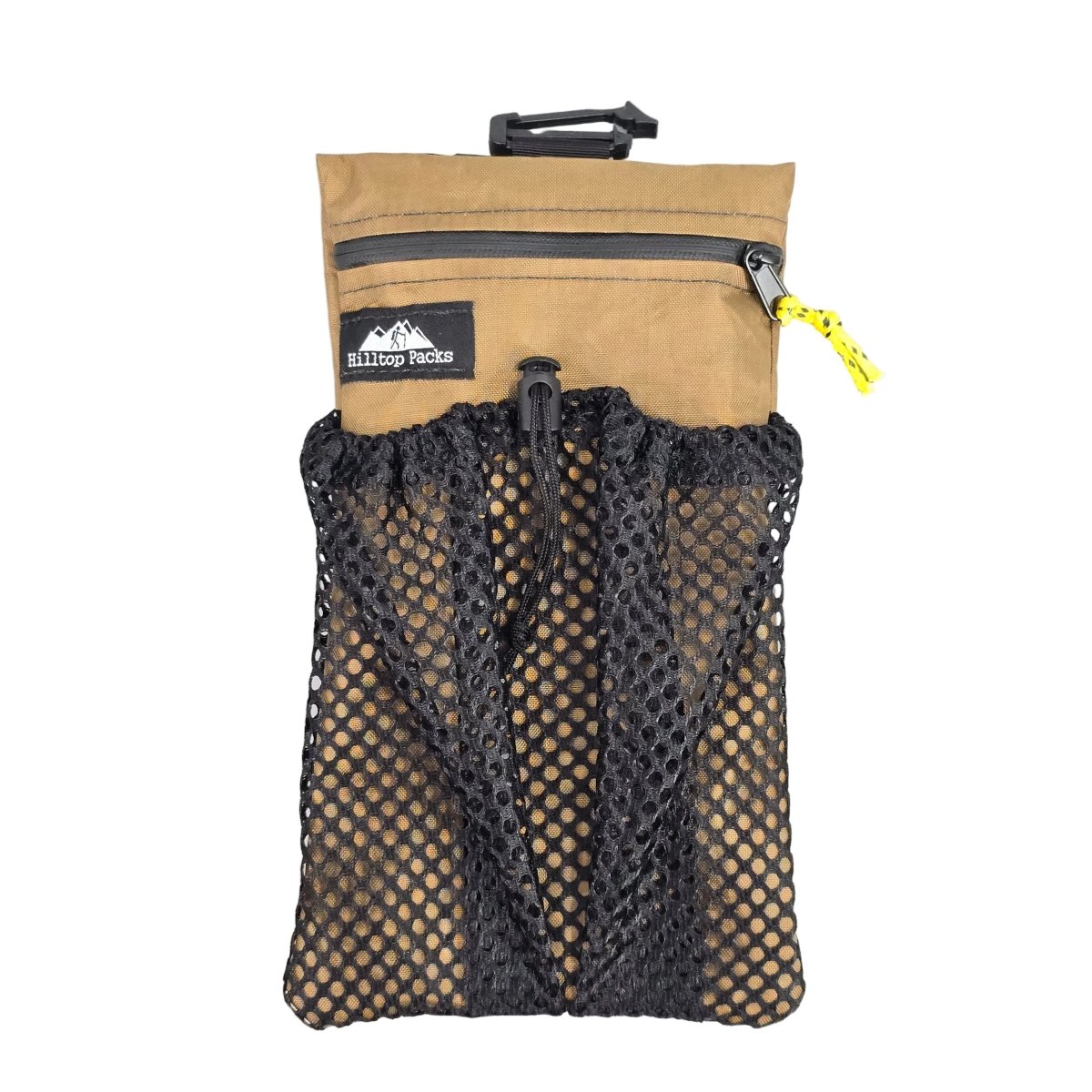Brown cell phone pouch with zipper, black mesh front, and strap loop