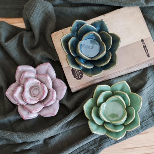 Ceramic succulent candle holders: teal and pink/purple flowers, no candles