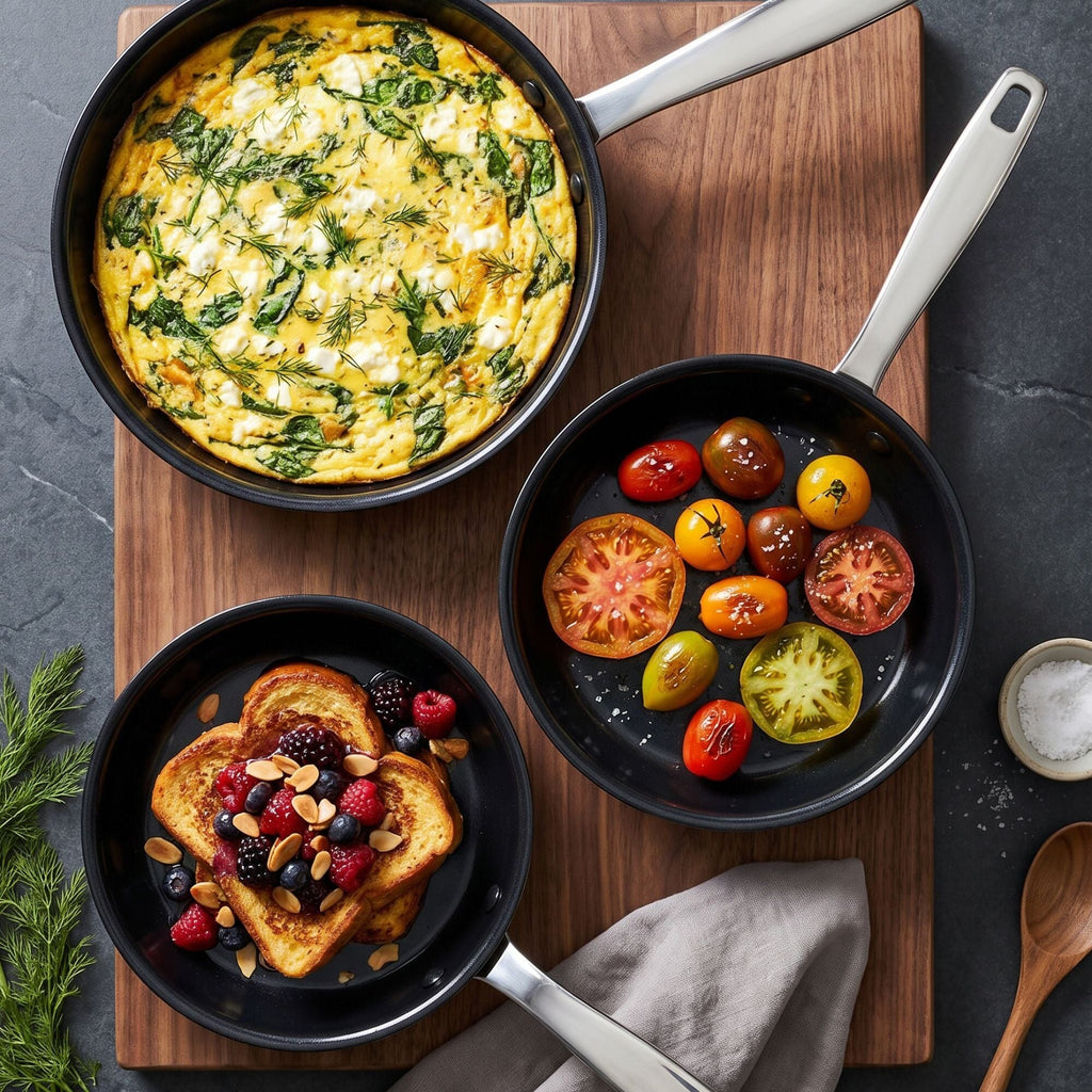 Ceramic nonstick frying pan with handle, filled with scrambled eggs and spinach