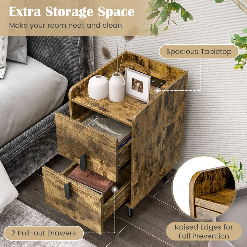 Rustic brown nightstand with spacious top and two pull-out drawers for storage