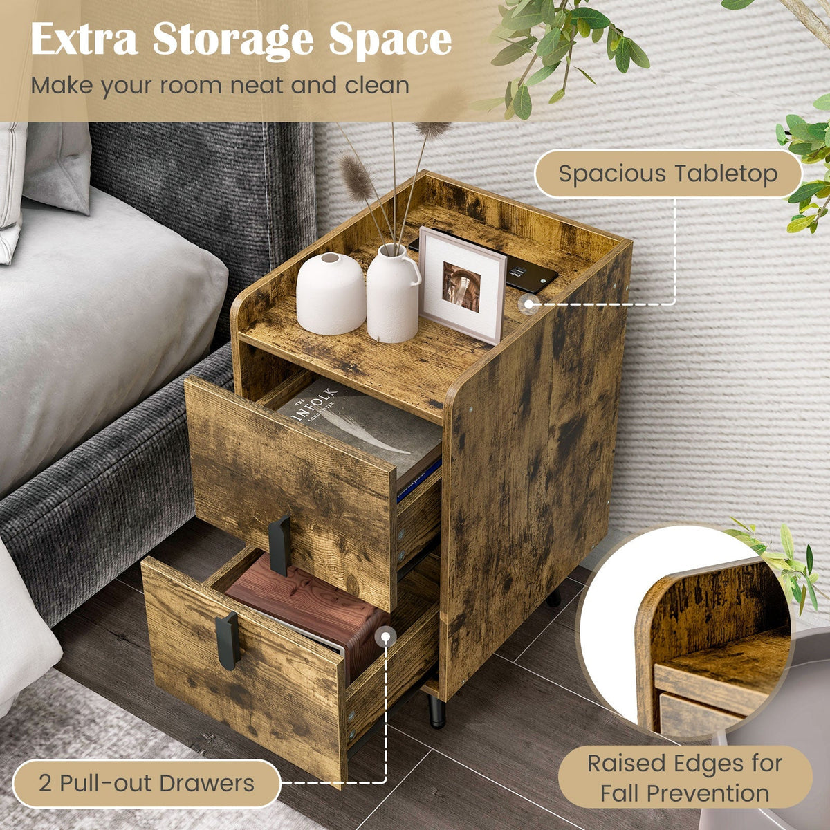 Rustic brown nightstand with spacious top and two pull-out drawers for storage