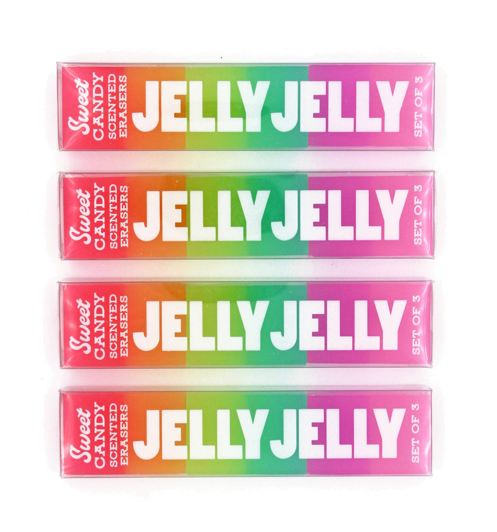Packaged set of jelly-scented eraser bars with rainbow color blocks and stripes