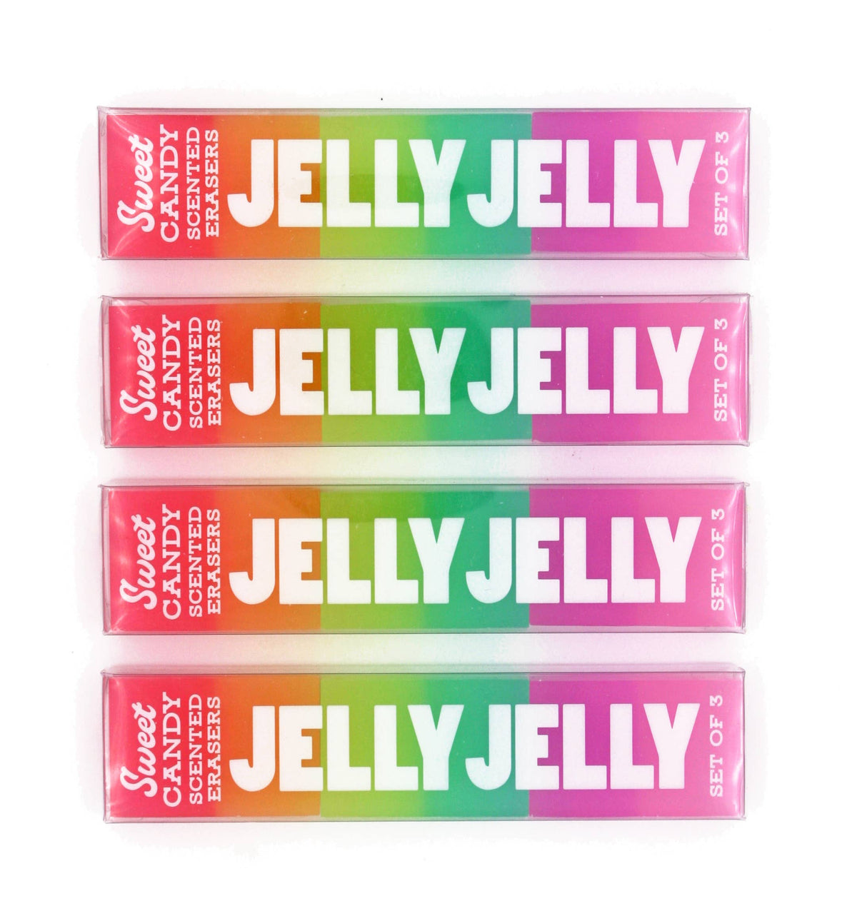 Packaged set of jelly-scented eraser bars with rainbow color blocks and stripes