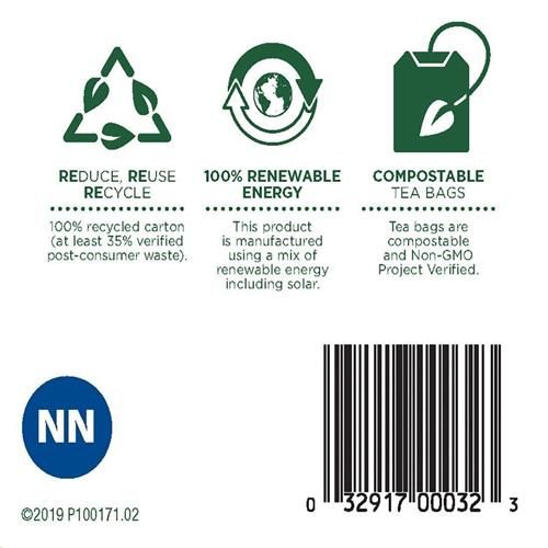 Traditional Medicinals Nighty Night tea box sustainability icons and recycling, compostable tags