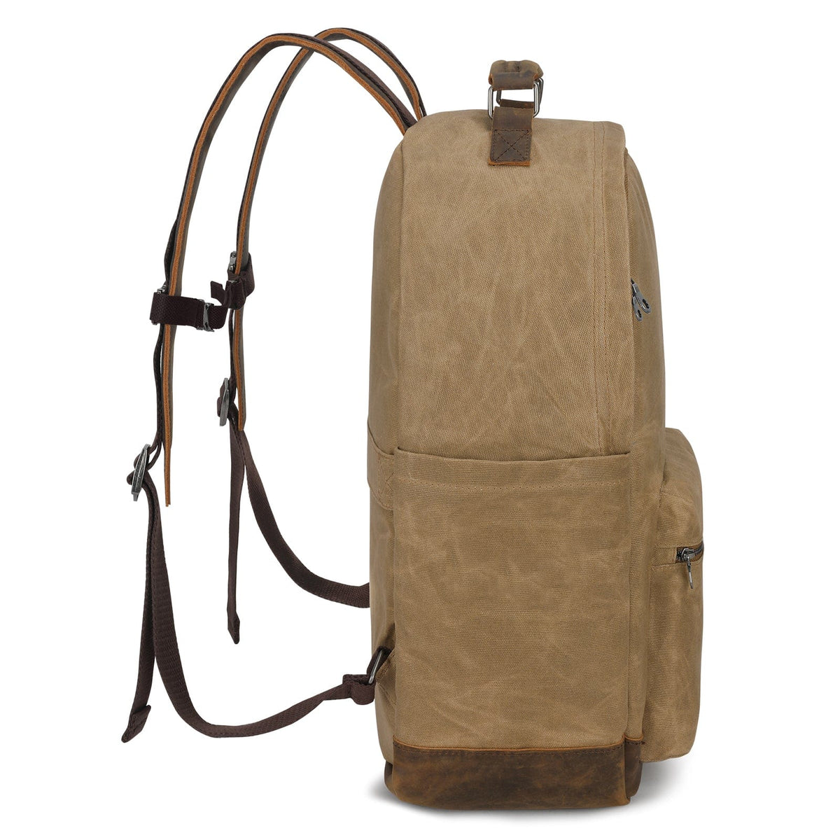 Tan canvas backpack with top handle, leather-style straps, and side zipper pocket