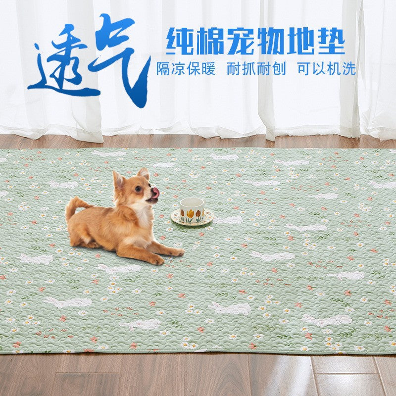 Pure cotton pet mat, light blue quilted surface with small cloud and dot pattern