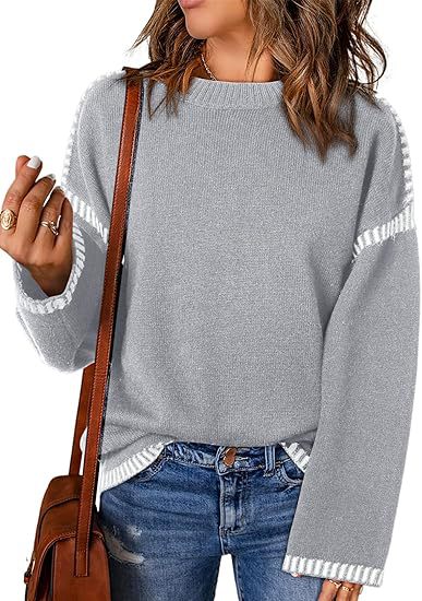 Women’s light gray round-neck pullover sweater with striped cuffs and hem