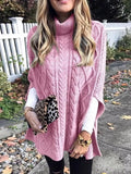 Pink chunky cable-knit turtleneck poncho, sleeveless with cable pattern