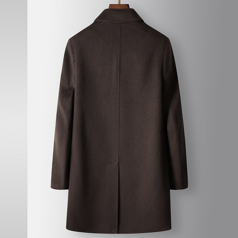 Men's mid-length wool coat, back view, dark brown, center seam