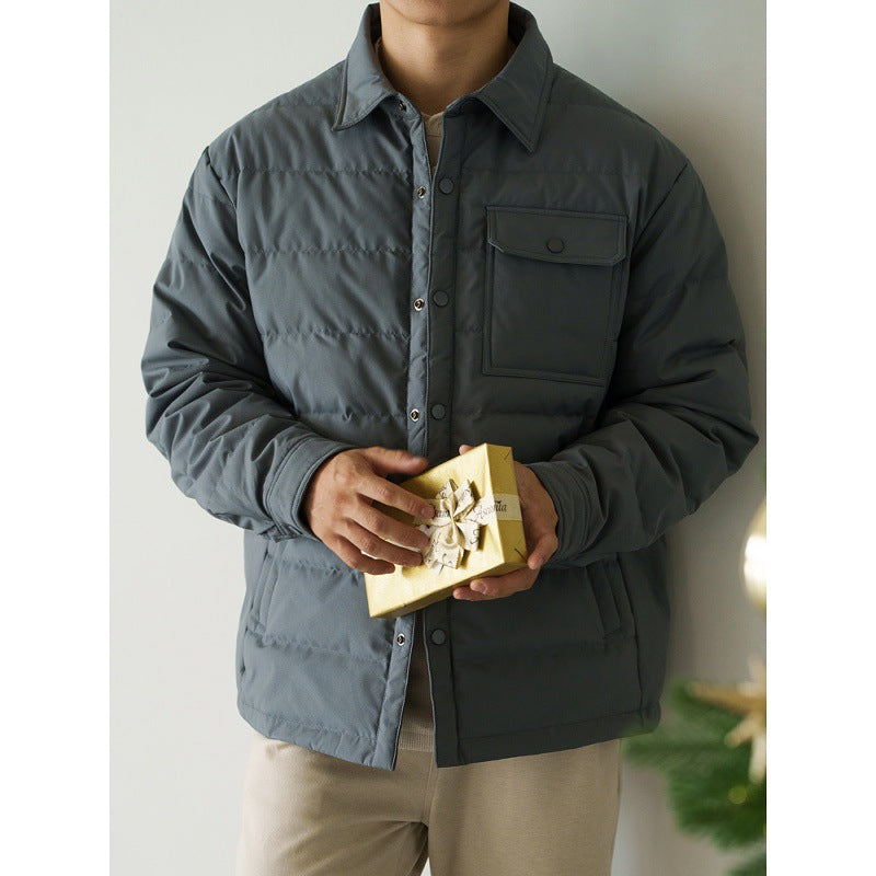 Men's short puffer jacket in gray with baseball collar and chest pocket, button front