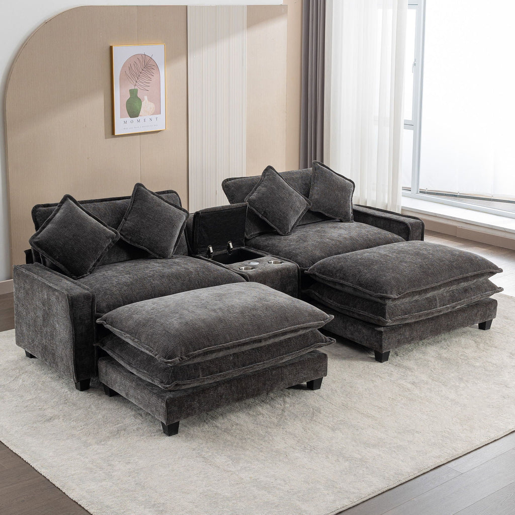 Dark gray sectional sofa with corner configuration and removable ottoman chaise sections