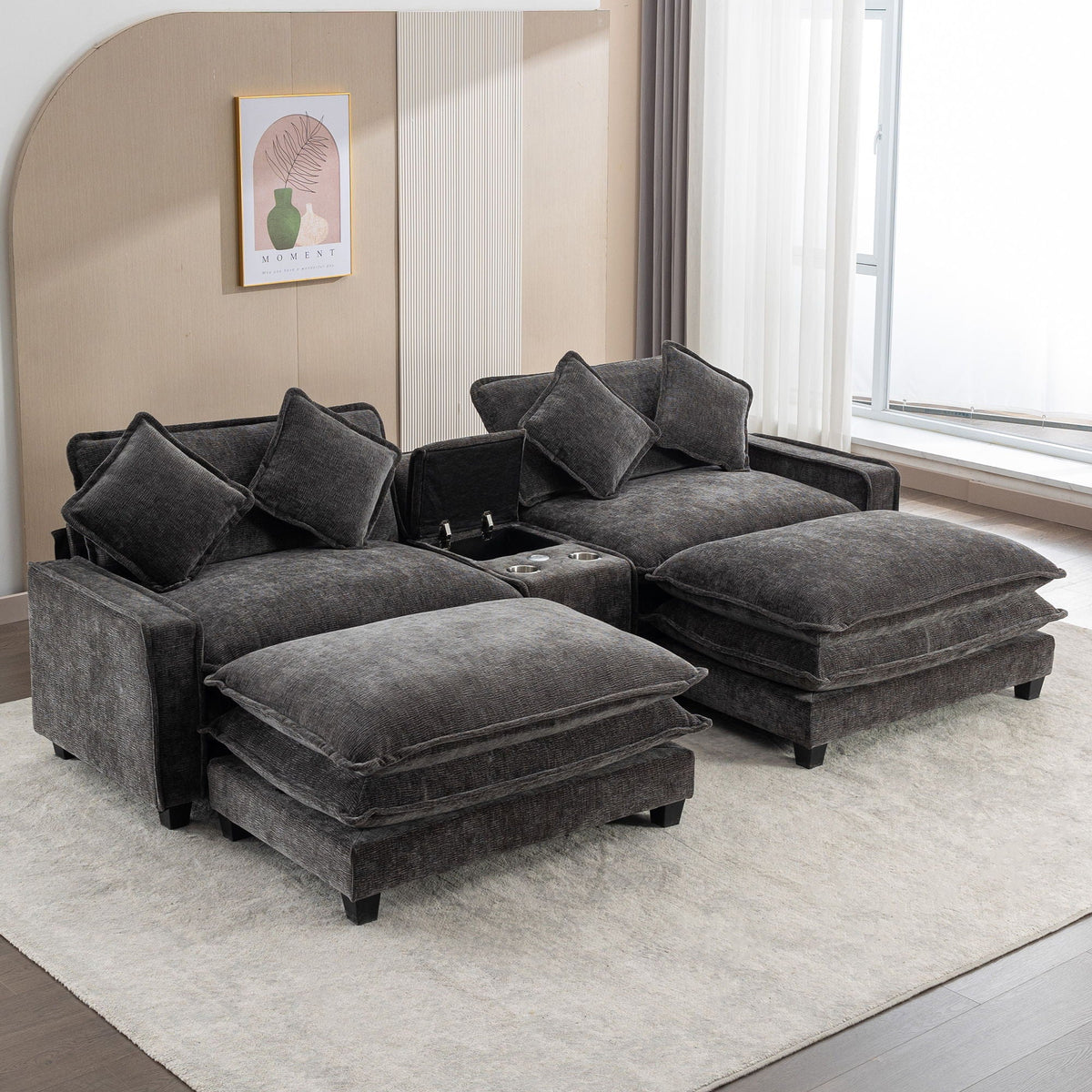 Dark gray sectional sofa with corner configuration and removable ottoman chaise sections