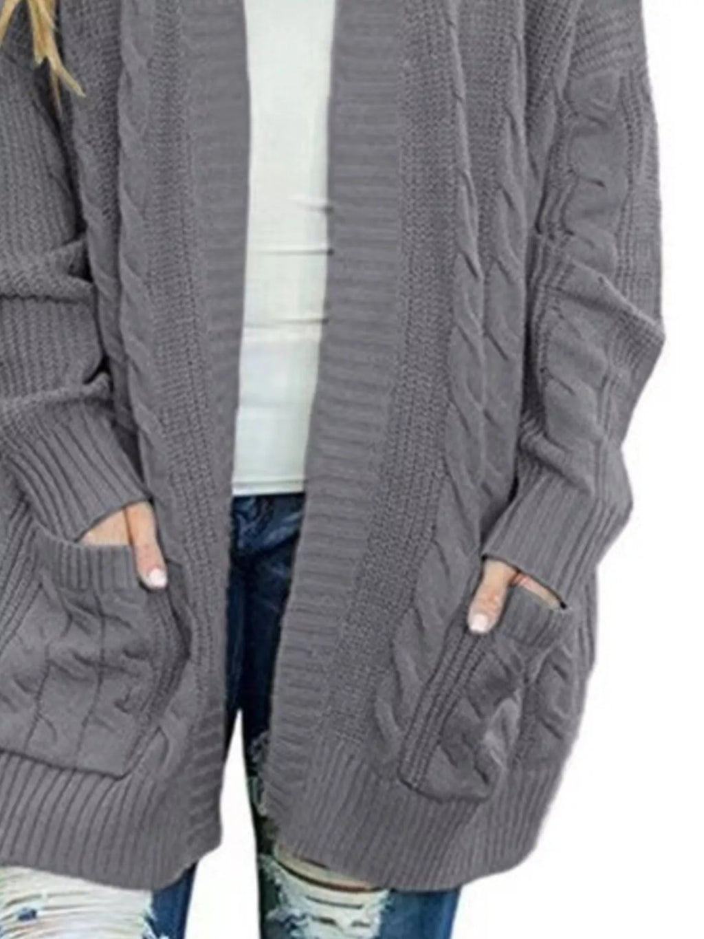 Dark gray chunky knit open-front cardigan pocket and sleeve cuff detail